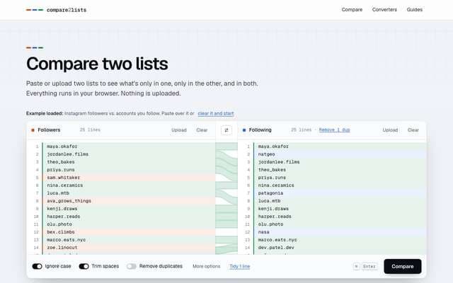 compare2lists.com homepage