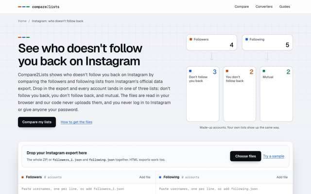 compare2lists.com: Instagram tool page