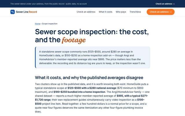 sewerlinerecord.com: sewer-scope cost page